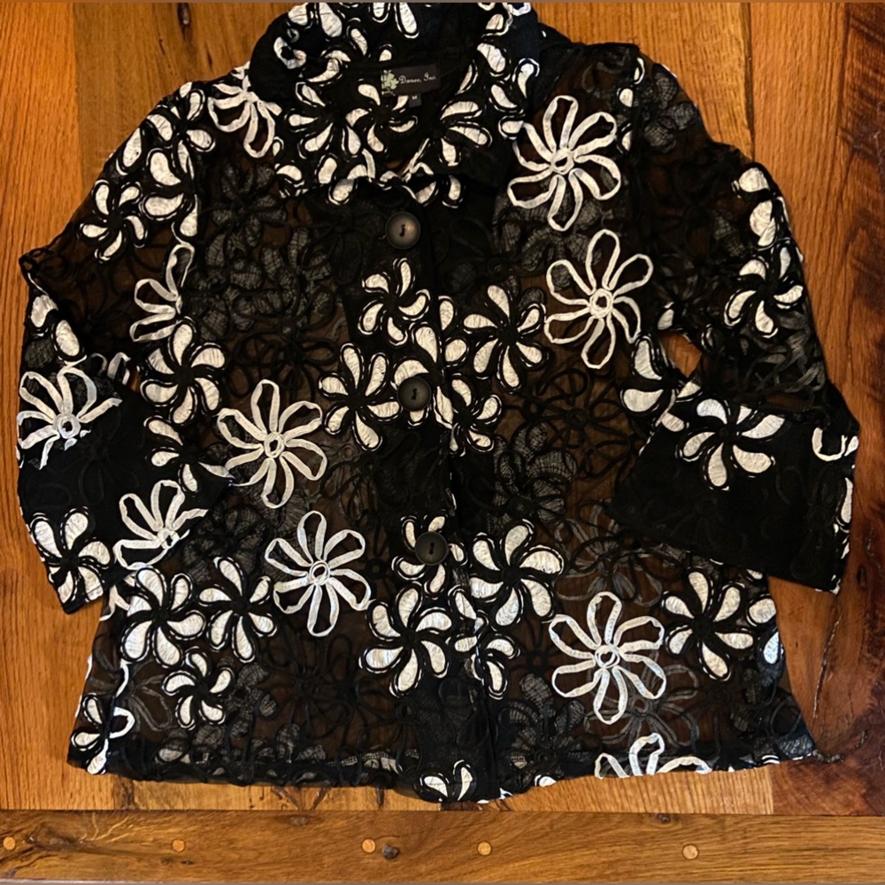 Damee, Inc Sheer Black & White Jacket with Stunning Ribbon Detailing, Sz Medium